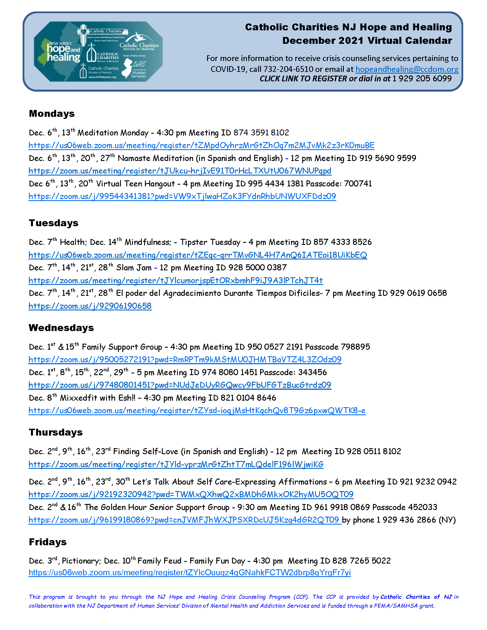 NJ Hope  Healing Virtual December Calendar 2021