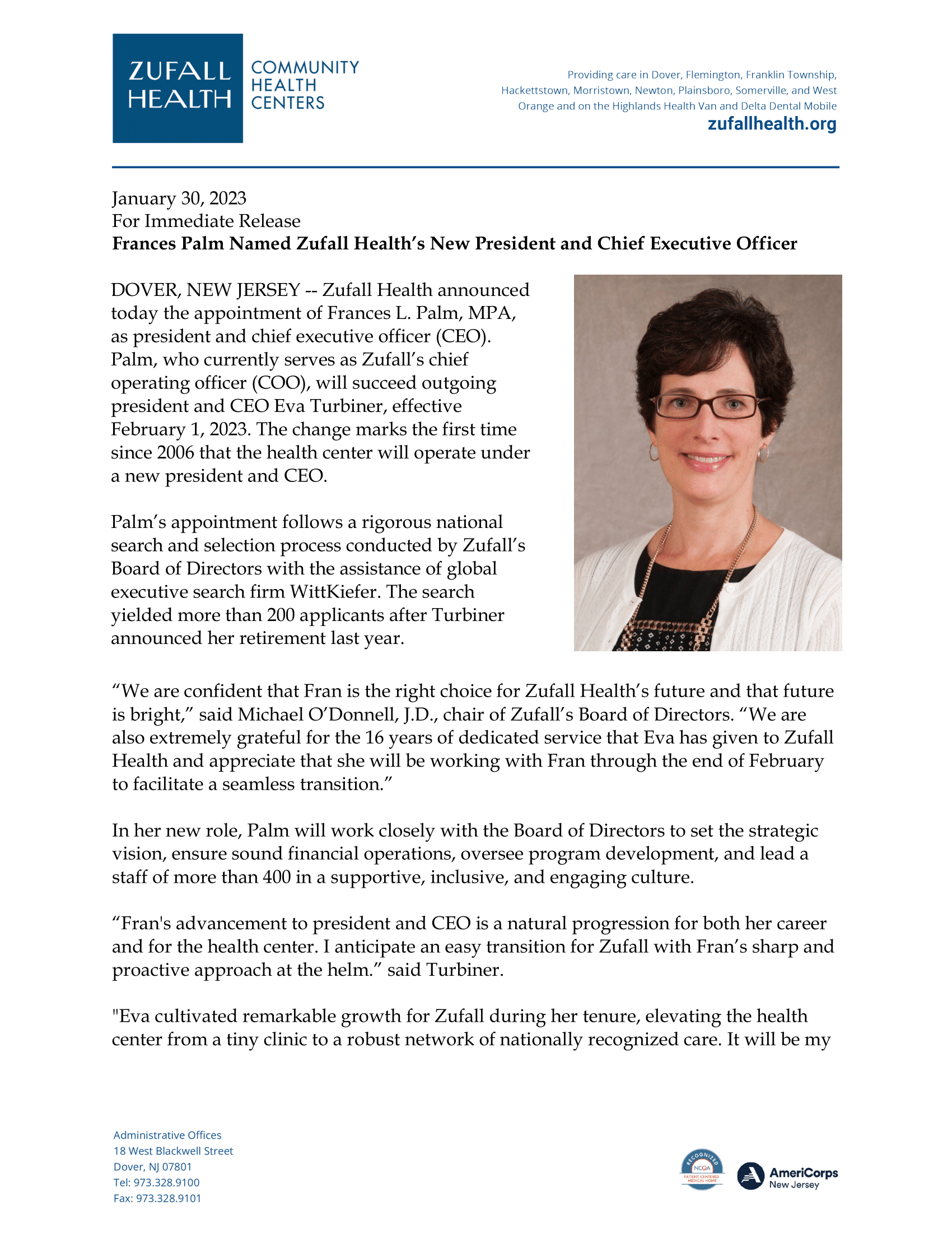 Frances Palm Named President and CEO Release_1-1-1