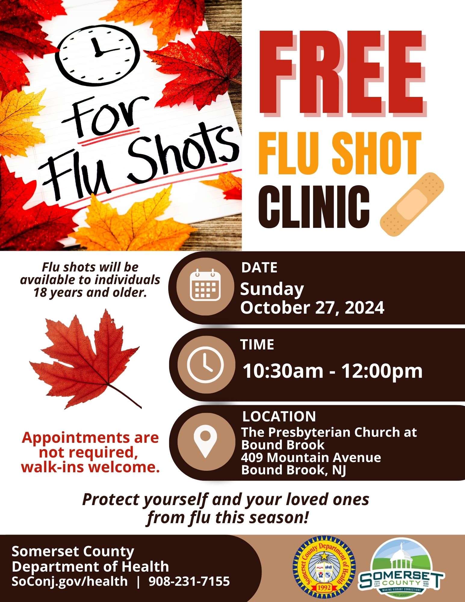 Flu Shot Clinic Flyer - Bound Brook Presbyterian Church - 10-27-24