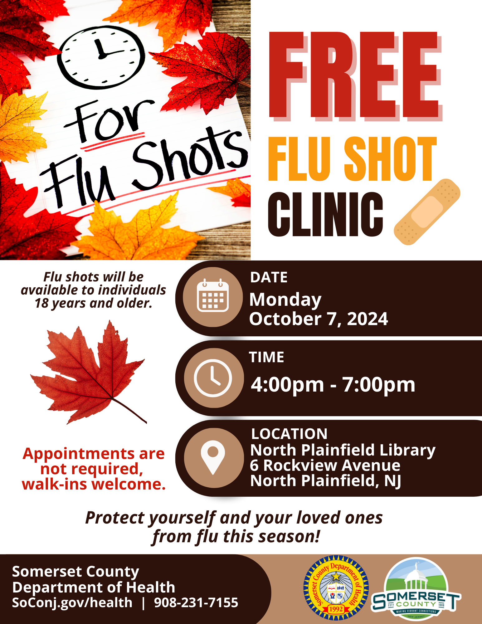 Flu Shot Clinic Flyer - North Plainfield Library - 10-7-24