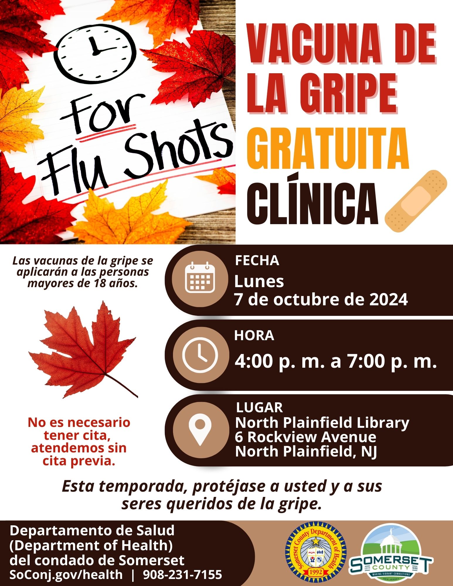 Spa - Flu Shot Clinic Flyer - North Plainfield Library 10-7-24