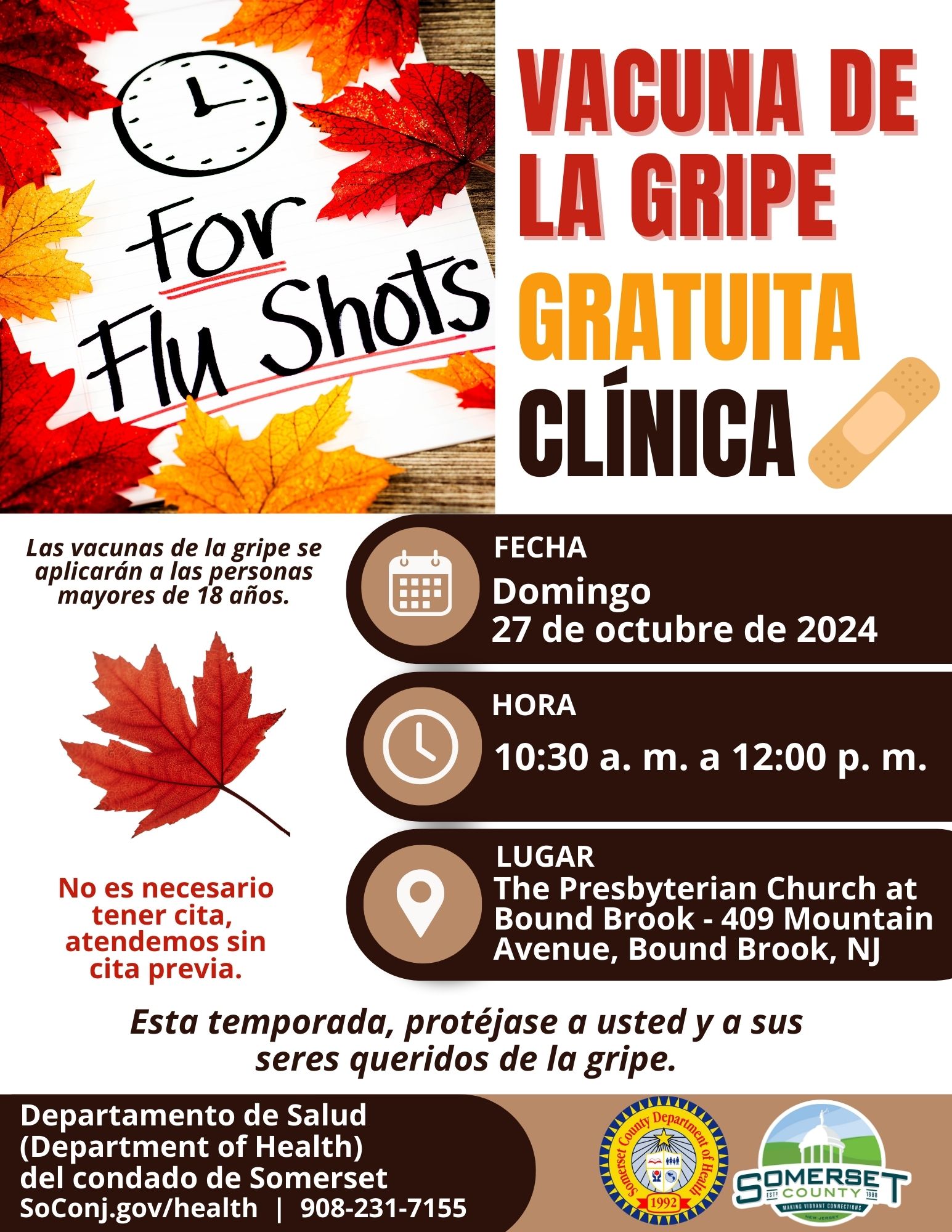 Spa - Flu Shot Clinic Flyer - Bound Brook Presbyterian Church - 10-27-24