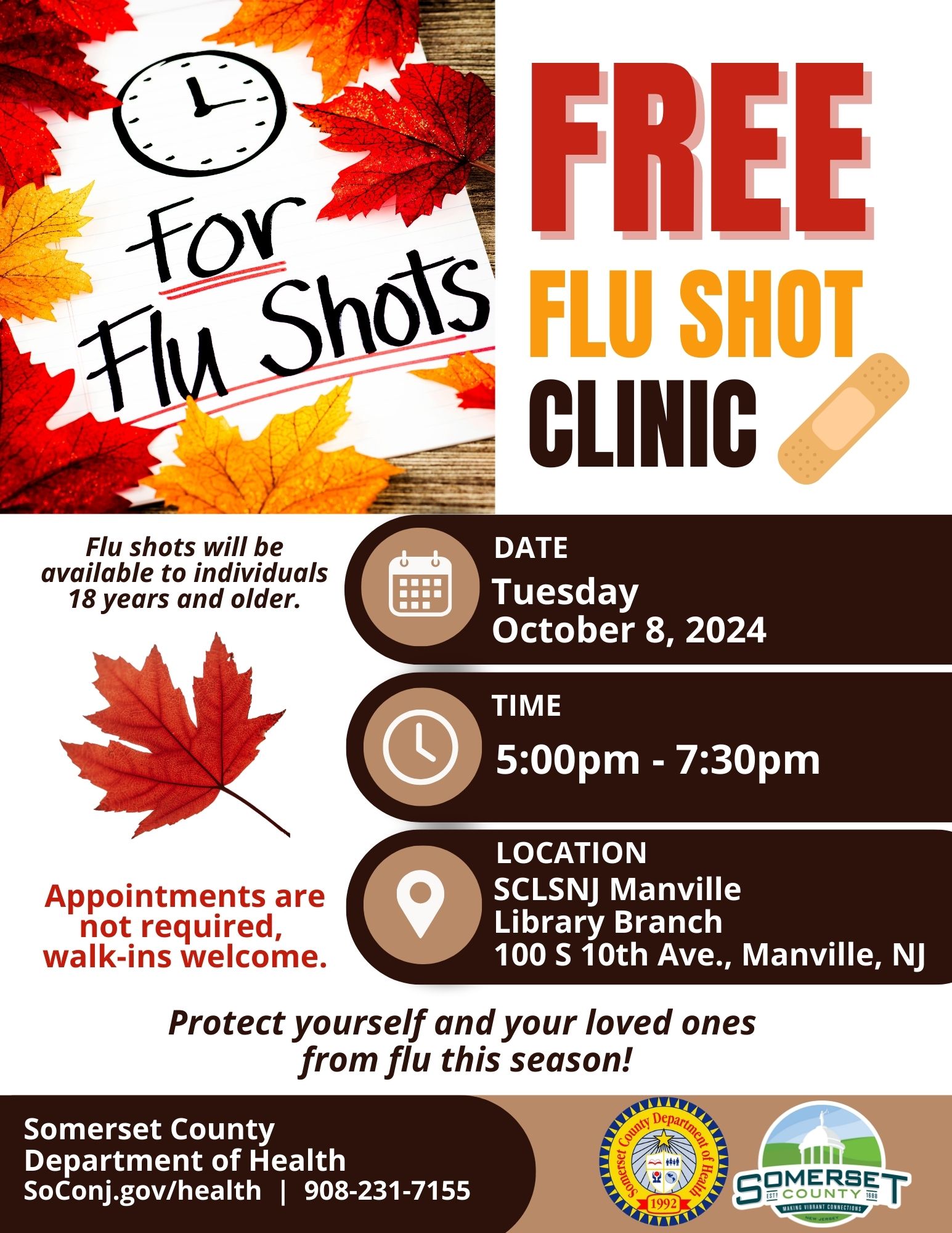 Flu Shot Clinic Flyer - Manville Library - 10-8-24