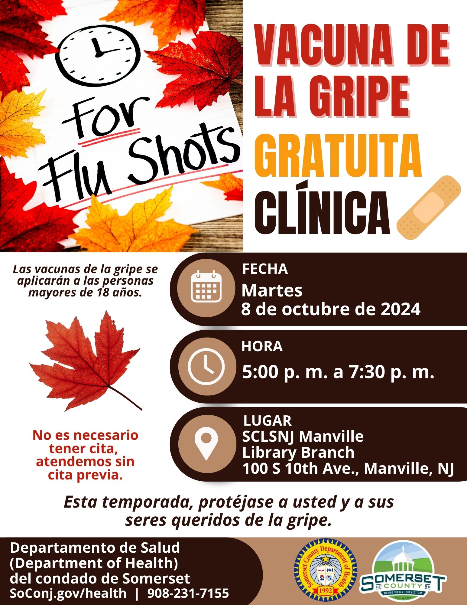 Spa - Flu Shot Clinic Flyer - Manville Library - 10-8-24